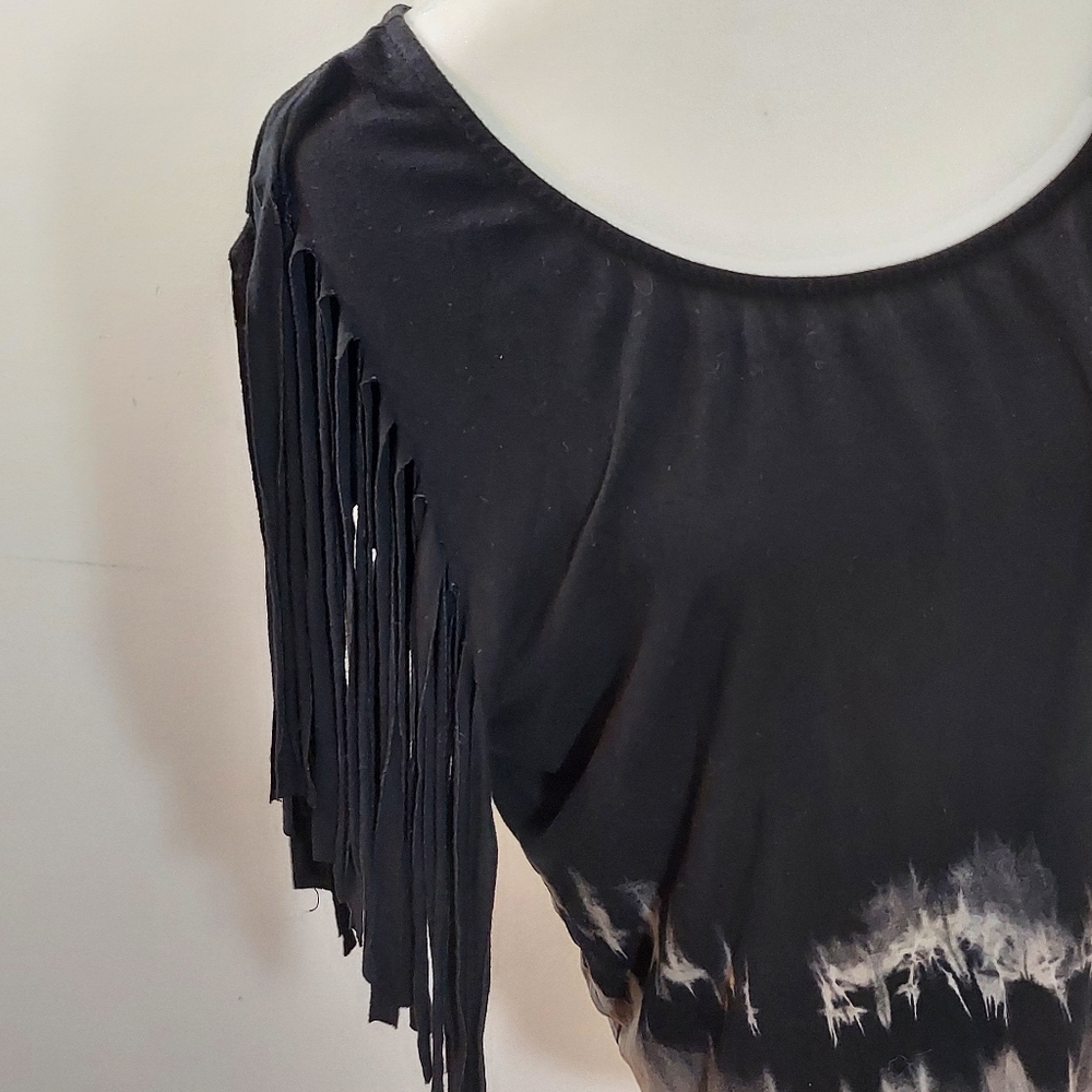 WetSeal Women's Black Tie Dye Bleached Shirt with Fun Fringe Cut Sleeves - Picture 14 of 15